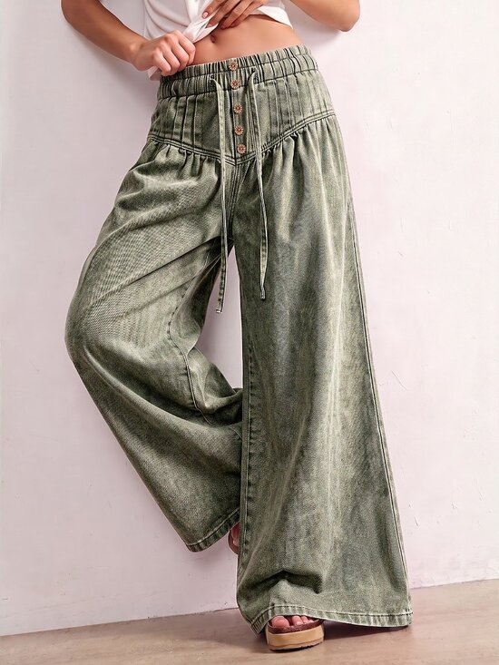 Pants - Army Green Casual Women's Woven Loose Fit Denim Jeans